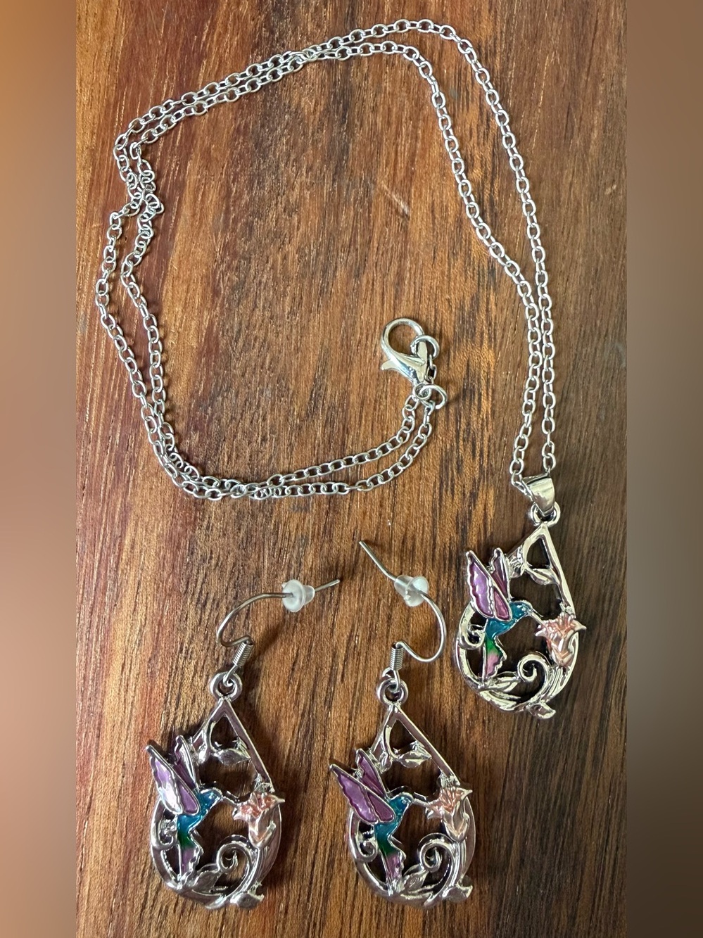 Silver Tone Hummingbird Pendant Necklace and Earrings Set - Purple & Teal